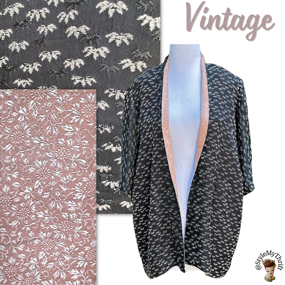 Vintage Kimono Reversible Black Hollywood Regency ShabbyChic Ephemera Edwardian